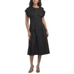 NWT Calvin Klein Rolled Sleeve, Button-Front Cinched Waist Midi Dress